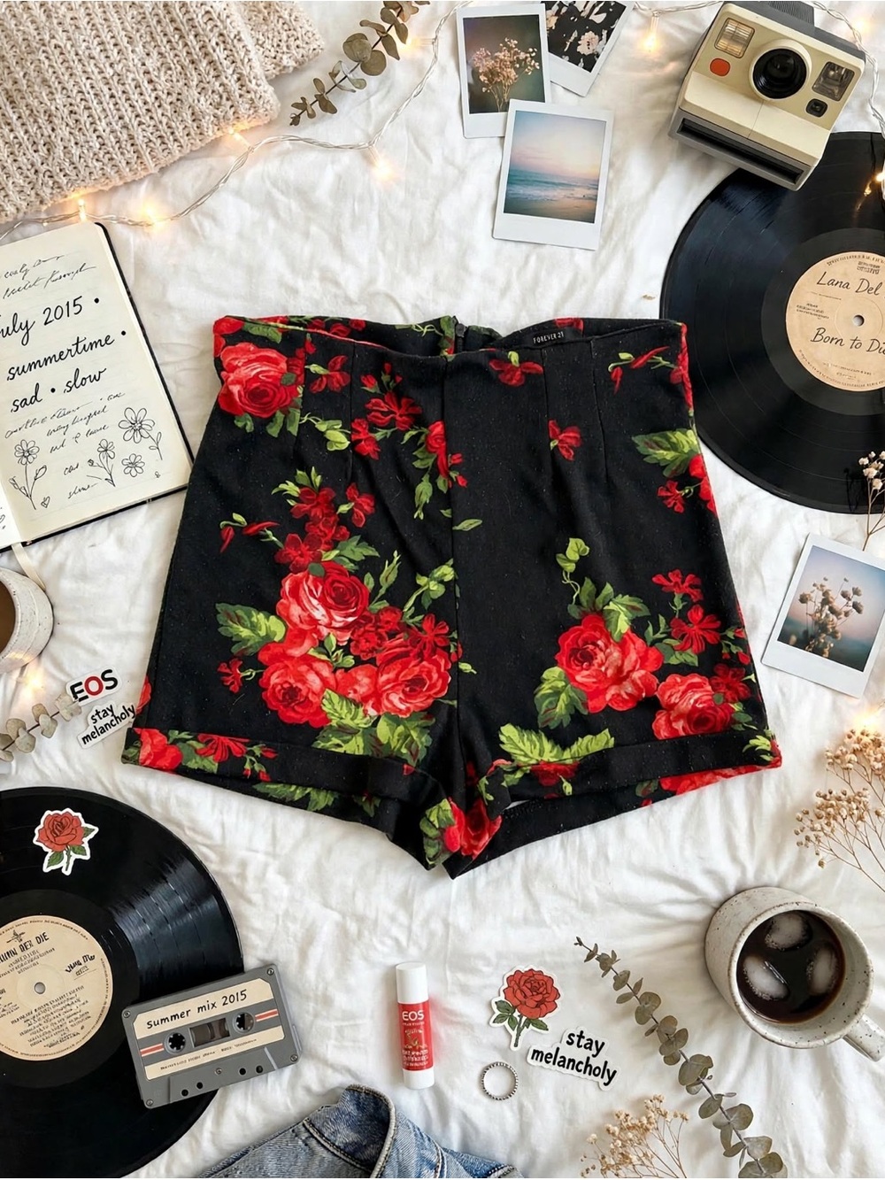 Forever 21 Red Rose Floral High Rise Cuffed Mini Shorts L